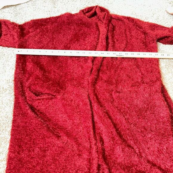 LUSH cardigan sweater burgundy eyelash front pockets long open front SZ LG - Picture 5 of 9